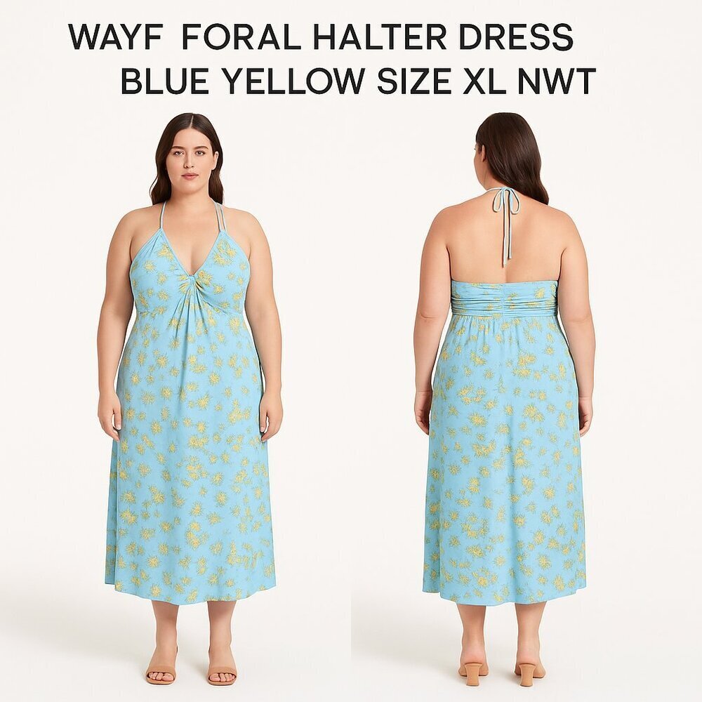 WAYF FLORAL HALTER DRESS BLUE YELLOW SIZE XL NWT